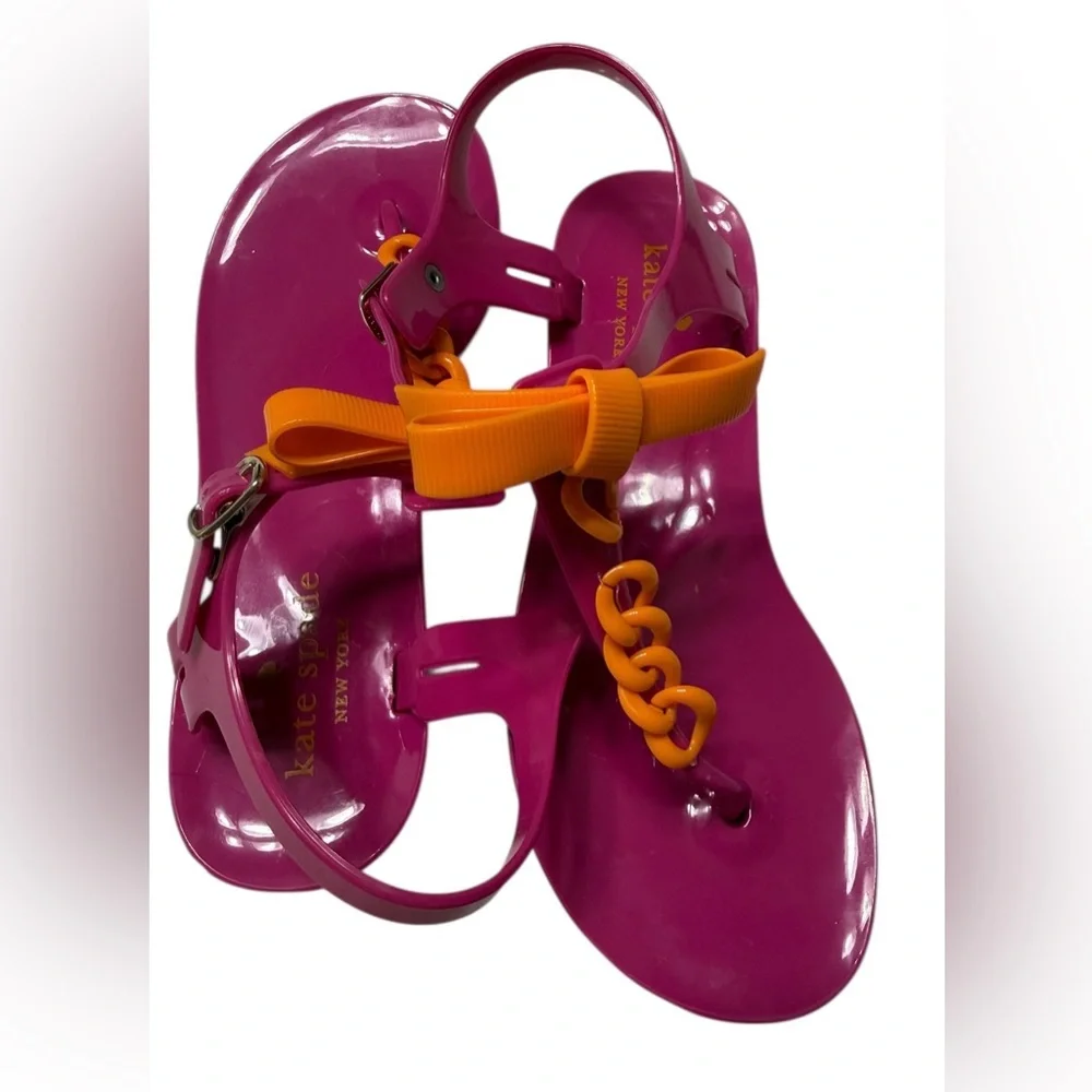 KATE SPADE NEW YORK JELLY SANDALS SIZE 5 PINK ORANGE BOW CHAIN ANKLE STRAP FLATS - Picture 6 of 10